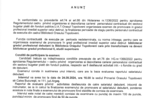 UAT Topoloveni organizează examen de promovare în grad pentru personalul de execuție din cadrul Bibliotecii Orașului Topoloveni