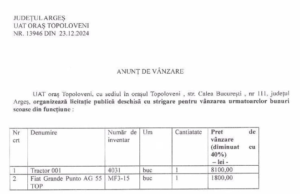 Primăria Topoloveni: licitație publică deschisă cu strigare pentru vânzarea unor bunuri scoase din funcțiune